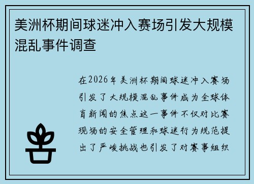 美洲杯期间球迷冲入赛场引发大规模混乱事件调查