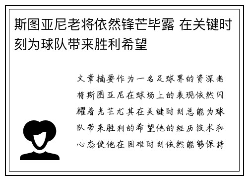 斯图亚尼老将依然锋芒毕露 在关键时刻为球队带来胜利希望